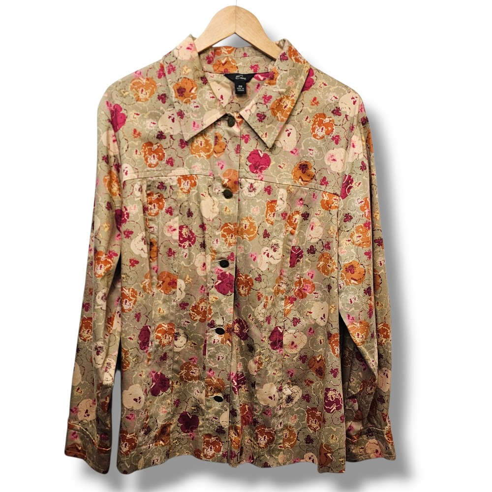 Emme Floral Print Button Up Shirt Jacket Women's Size 20 Tan Red Valentine's Day